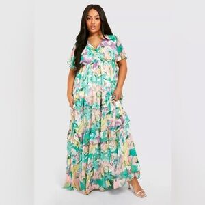 BOOHOO PLUS FLORAL PRINT ANGEL SLEEVE MAXI DRESS size 16 XL